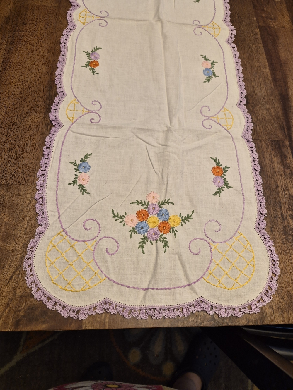 Hand-Embroidered Floral Table Runner - Lavender Trim